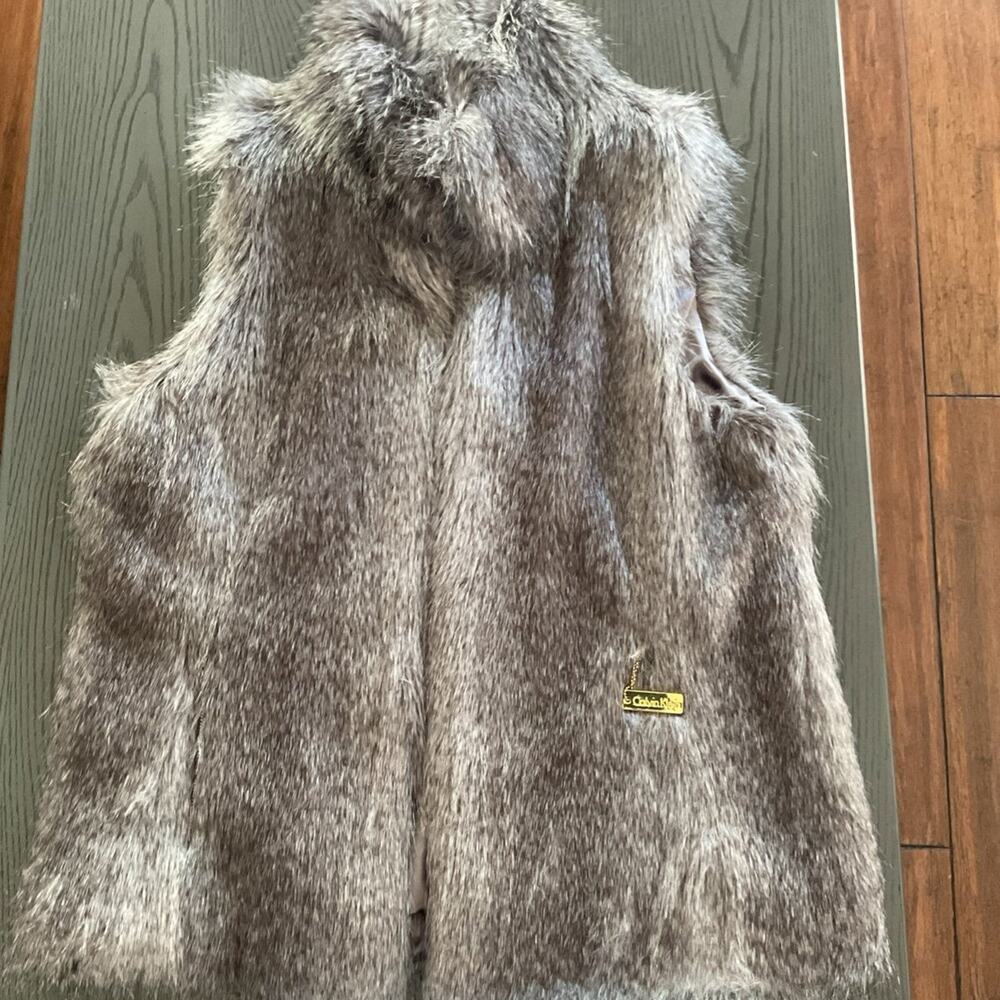 Calvin Klein Grey Women's Faux-Fur Open Front Cardigan Vest, Size L